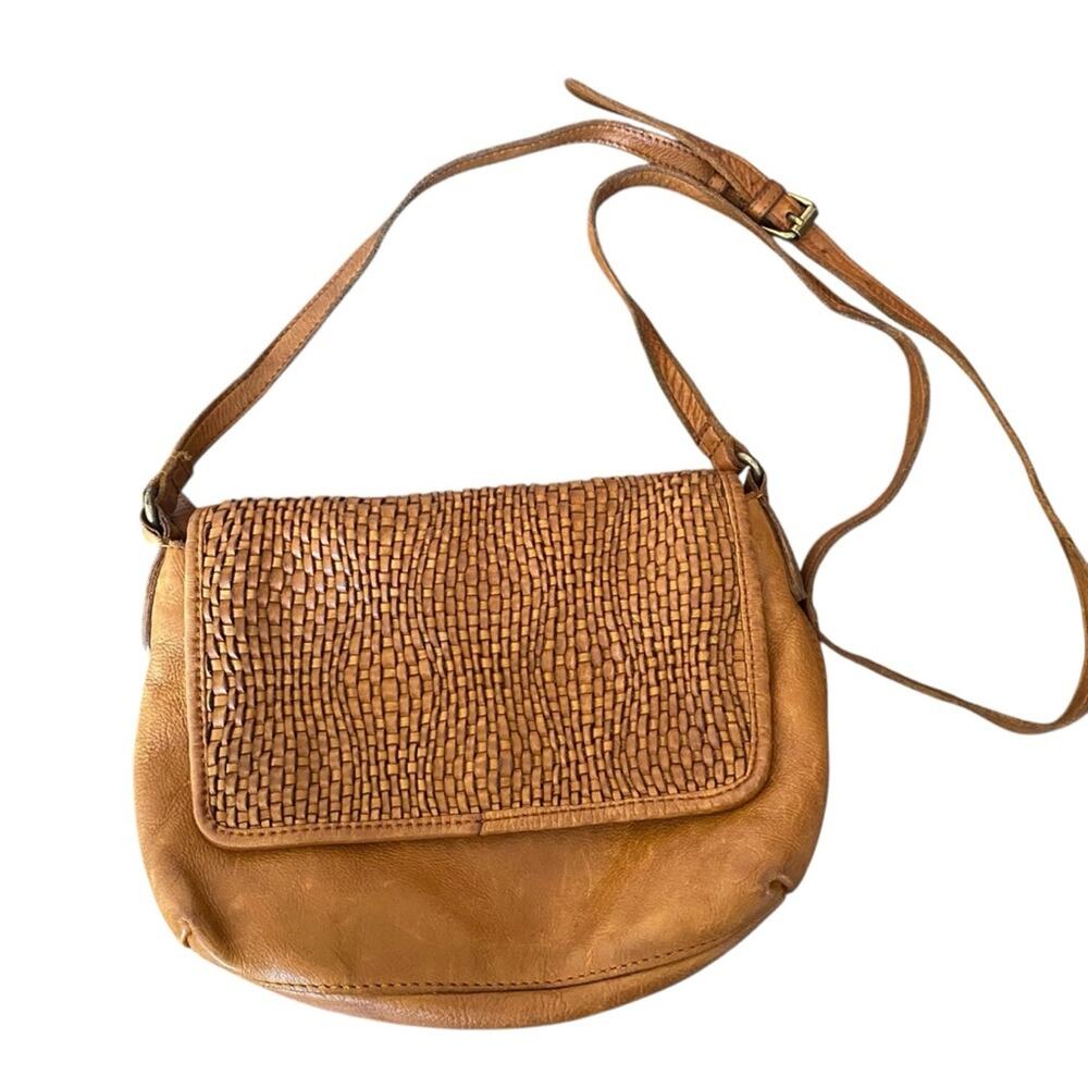 Valencia Holland Cognac Brown leather Crossbody Purse Basket Weave